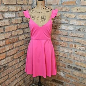 Necessary Clothing Pink Fit & Flare Dress - Ruffle Sleeve Open Back - Medium